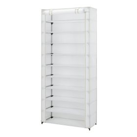 10 Shelf Organizer Shoe Rack with Cover to Hold 30 Pair Shoes, 31.5 in W x 13.46 in D x 69.09 in H, White