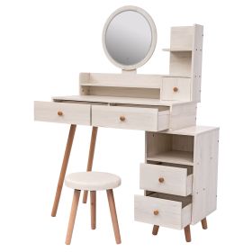 CRAZY ELF Stylish Vanity Table + Cushioned Stool, Touch Control LED Mirror, Large Capacity Storage Cabinet, 5 Drawers, Fashionable Makeup Furnitu