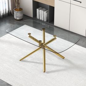Large Modern Minimalist Rectangular Glass Dining Table for 6-8 with 0.39" Tempered Glass Tabletop and Golden Plated Metal Legs