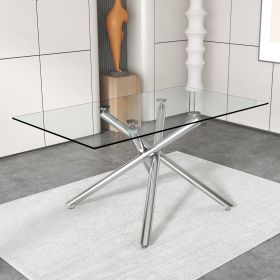 Large Modern Minimalist Rectangular Glass Dining Table for 6-8 with 0.39" Tempered Glass Tabletop and Silver Chrome Metal Legs
