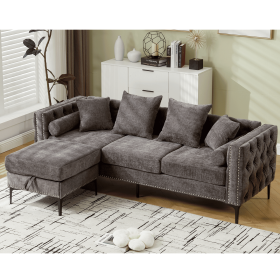 [NEW ARRIVED] [VIDEO PROVIDED]L Shaped Sectional Sofa , Convertible Storage Ottoman,Chenille ,Square Arm, Modern Tufted Couch ,3 Seater, And Nail