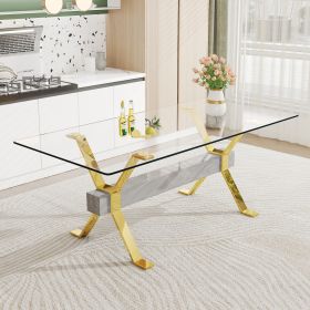 Dining table. Modern tempered glass dining table. Large modern office desk with gold plated metal legs and MDF crossbars