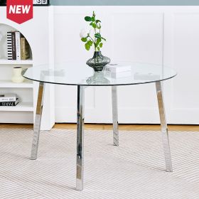 Modern minimalist ROUND glass dining table, transparent glass tabletop and chrome metal legs, suitable for kitchens, restaurants