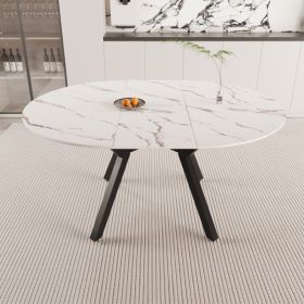 47-63 " extendable white circular dining table, 4-6 person kitchen dining table, modern coffee table with MDF tabletop and metal legs