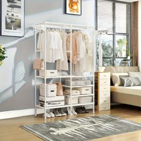 Portable Wardrobe Closet with 6 Shelves & 2 Hanging Rods - Multi-Layer Storage Organizer with Hooks for Bedroom, Living Room (Color: White)