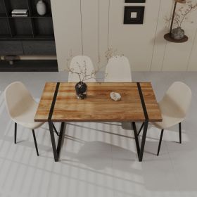59" MDF wooden dining table and modern dining chair set of 4 pieces, medieval wooden kitchen dining table set, black rectangular metal base (Color: Wood+beige)