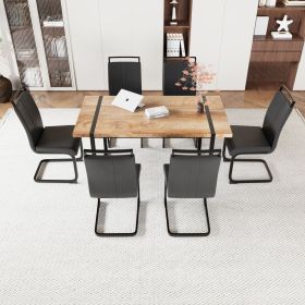 59 " Dining Table Rural Industrial Rectangular MDF Set and PU Armless Dining Chair Set, 6 pieces. Kitchen Black Metal Table Leg Dining Chair Set (Color: Wood+black)