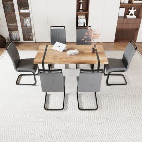 59 " Dining Table Rural Industrial Rectangular MDF Set and PU Armless Dining Chair Set, 6 pieces. Kitchen Black Metal Table Leg Dining Chair Set (Color: Wood+gray)