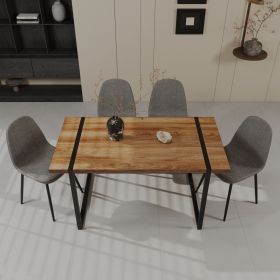 59" MDF wooden dining table and modern dining chair set of 4 pieces, medieval wooden kitchen dining table set, black rectangular metal base (Color: Wood+gray)