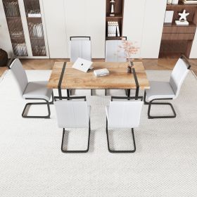 59 " Dining Table Rural Industrial Rectangular MDF Set and PU Armless Dining Chair Set, 6 pieces. Kitchen Black Metal Table Leg Dining Chair Set (Color: Wood+white)