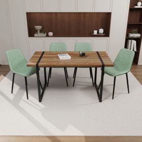 59" MDF dining table and modern dining chair 4-piece set, medieval wooden kitchen dining table set, rectangular metal base (Color: Natural wood+light green)