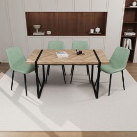 59" MDF dining table and modern dining chair 4-piece set, medieval wooden kitchen dining table set, rectangular metal base (Color: Light wood+light green)