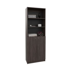 Vinton Two-Door Bookcase with Upper Shelves (Color: Dark Walnut / Black Wengue)