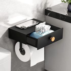Toilet Paper Holder with Shelf Black Wipes Dispenser for Bathroom Stainless Steel Toilet Paper Holder with Storage Drawer Adhesive Wall Mount Sma (Color: Black Gold)
