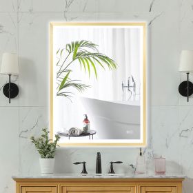 4 Size LED Bathroom Mirror;  Backlit and Front Lighted Mirror for Bathroom;  Wall Mounted Bathroom Vanity Framed Mirror Includes Dimmer;  ; Defog (Color: Brushed Gold, size: 28"*36")