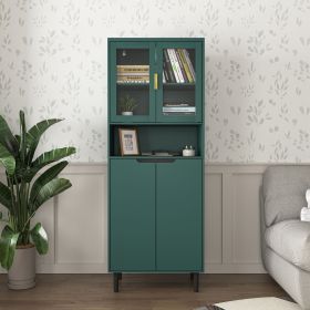 Tempered Glass Door Tall Storage Bookcase with adjustable board, 4 doors MDF painting finished cabinet, White, Living room Bedroom storage (Color: Green, Material: MDF)
