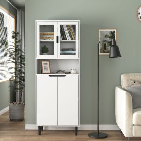 Tempered Glass Door Tall Storage Bookcase with adjustable board, 4 doors MDF painting finished cabinet, White, Living room Bedroom storage (Color: White, Material: MDF)