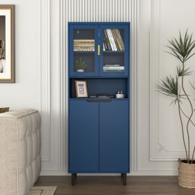 Tempered Glass Door Tall Storage Bookcase with adjustable board, 4 doors MDF painting finished cabinet, White, Living room Bedroom storage (Color: Blue, Material: MDF)