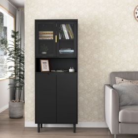 Tempered Glass Door Tall Storage Bookcase with adjustable board, 4 doors MDF painting finished cabinet, White, Living room Bedroom storage (Color: Black, Material: MDF)