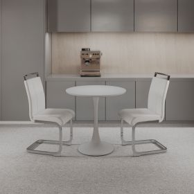 31.5 " White circular dining table, tulip dining table, kitchen dining table for 2-4 people, MDF tabletop and base (Color: White+ White PU+Plating Leg)