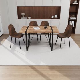 55" MDF dining table and modern dining chair set of 4 pieces, medieval wooden kitchen dining table set, black rectangular metal base (Color: Dark wood+brown)