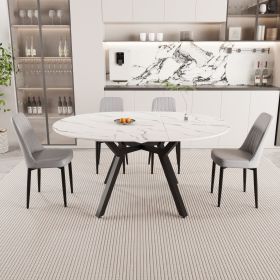 47-63" expandable circular dining tables , equipped with 4 PU fabric thick cushioned dining chairs and an elegant and spacious dining table (Color: White+Grey)