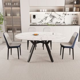 47-63" expandable circular dining tables , equipped with 4 PU fabric thick cushioned dining chairs and an elegant and spacious dining table (Color: White+Blue)