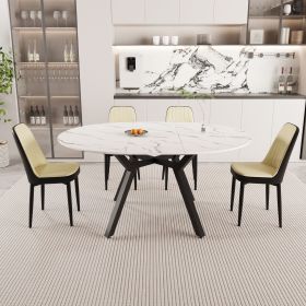 47-63" expandable circular dining tables , equipped with 4 PU fabric thick cushioned dining chairs and an elegant and spacious dining table (Color: White+beige+black)