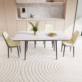 47"-63" expandable dining table set for 2-6 people, equipped with PU fabric thick cushioned dining chair and an elegant and spacious dining table (Color: White+Beige+Grey)