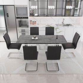 55.12-70.87" expandable square dining table set that can accommodate 4-6 people, equipped with 6 C-shaped tubular cushioned armless dining chair (Color: Grey)