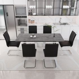 55.12-70.87" expandable square dining table set that can accommodate 4-6 people, equipped with 6 C-shaped tubular cushioned armless dining chair (Color: Grey+Black)