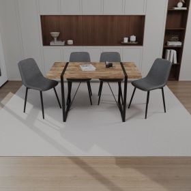 55" MDF dark wood dining table and modern dining chair 4-piece set, medieval wooden kitchen dining table set, rectangular metal base (Color: Dark wood+gray)