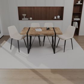 55" MDF dark wood dining table and modern dining chair 4-piece set, medieval wooden kitchen dining table set, rectangular metal base (Color: Dark wood+beige)