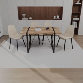 55" MDF dark wood dining table and modern dining chair set of 4 pieces, medieval wooden kitchen dining table set, black rectangular metal base (Color: Dark wood+beige)