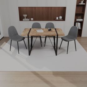 55" MDF dark wood dining table and modern dining chair set of 4 pieces, medieval wooden kitchen dining table set, black rectangular metal base (Color: Dark wood+gray)