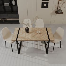 59" MDF wooden dining table and modern dining chair set of 4 pieces, medieval wooden kitchen dining table set, black rectangular metal base (Color: Light wood+beige)