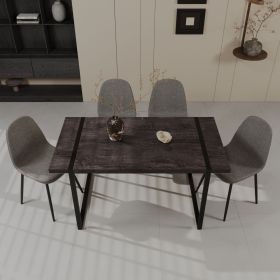 59" MDF wooden dining table and modern dining chair set of 4 pieces, medieval wooden kitchen dining table set, black rectangular metal base (Color: Black+Grey)