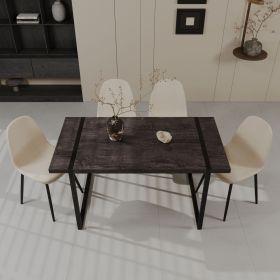 59" MDF wooden dining table and modern dining chair set of 4 pieces, medieval wooden kitchen dining table set, black rectangular metal base (Color: Black+Beige)