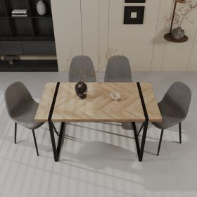59" MDF wooden dining table and modern dining chair set of 4 pieces, medieval wooden kitchen dining table set, black rectangular metal base (Color: Light wood+gray)