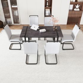 59 " Dining Table Rural Industrial Rectangular MDF Set and PU Armless Dining Chair Set, 6 pieces. Kitchen Black Metal Table Leg Dining Chair Set (Color: Black+White)