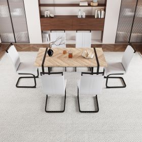 59 " Dining Table Rural Industrial Rectangular MDF Set and PU Armless Dining Chair Set, 6 pieces. Kitchen Black Metal Table Leg Dining Chair Set (Color: Light wood+white)