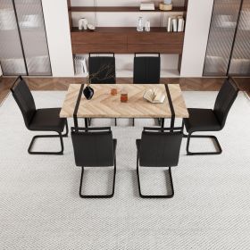59 " Dining Table Rural Industrial Rectangular MDF Set and PU Armless Dining Chair Set, 6 pieces. Kitchen Black Metal Table Leg Dining Chair Set (Color: Light wood+black)