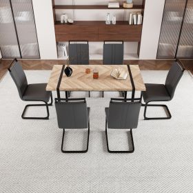 59 " Dining Table Rural Industrial Rectangular MDF Set and PU Armless Dining Chair Set, 6 pieces. Kitchen Black Metal Table Leg Dining Chair Set (Color: Light wood+gray)