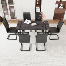 59 " Dining Table Rural Industrial Rectangular MDF Set and PU Armless Dining Chair Set, 6 pieces. Kitchen Black Metal Table Leg Dining Chair Set (Color: Black)