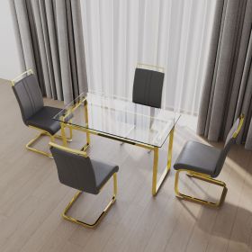 51 inch Glass Dining Table Set for 4, Dining Table & Chair Sets with Silver Plating Legs for Kitchen (Color: Golden+ Grye UP golden Leg)